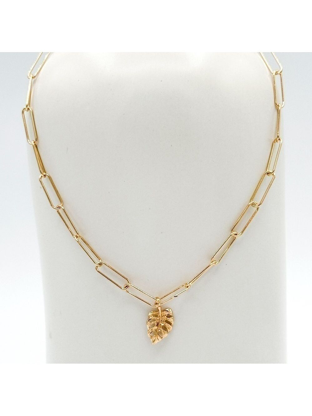 Gold filled paperclip chain and monstera leaf pendant